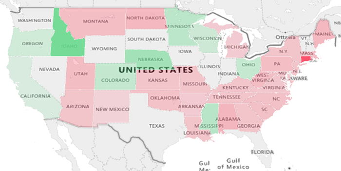 Image of a heatmap showing year-to-date flows to US Municipal Bond Funds by state.