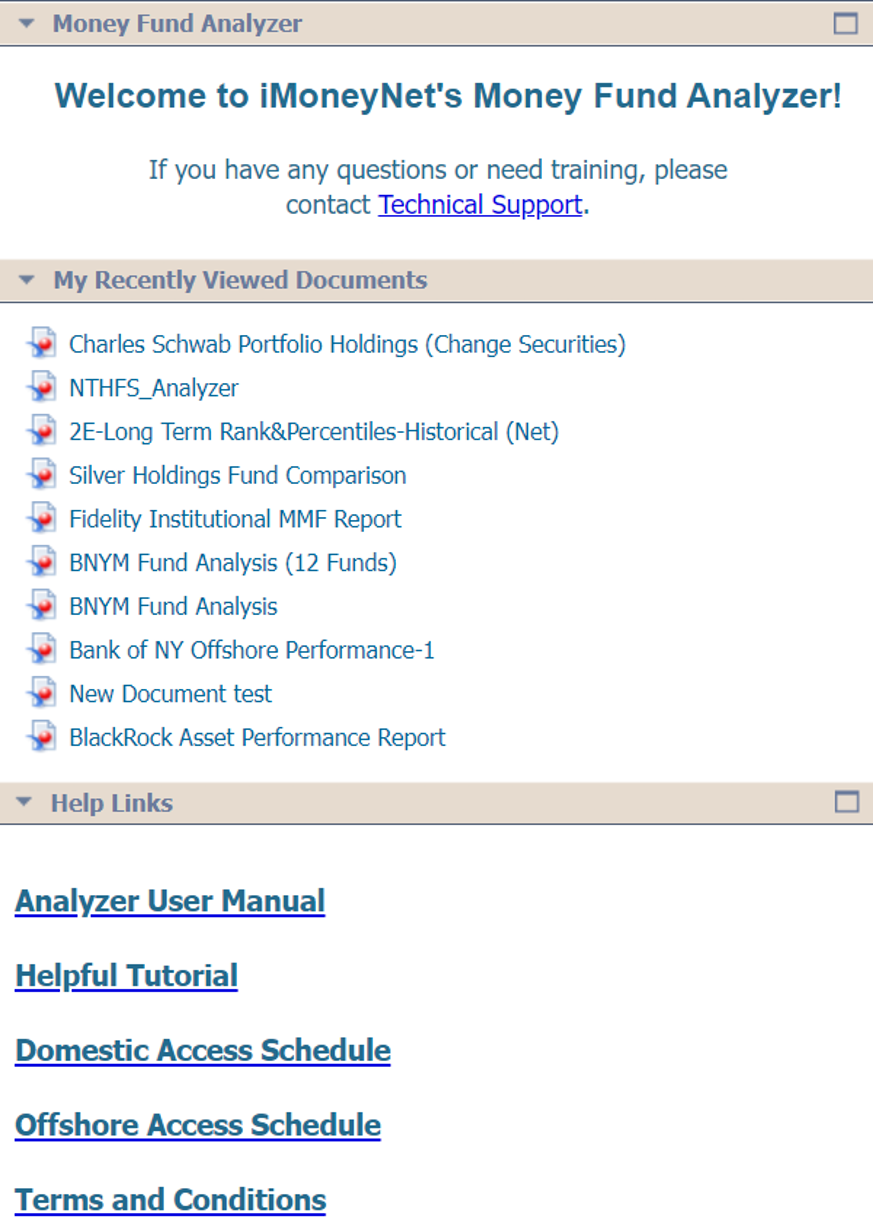 Image of iMoneyNet's Money Fund Analyzer main dashboard, showcasing its various options and pre-populated reports.